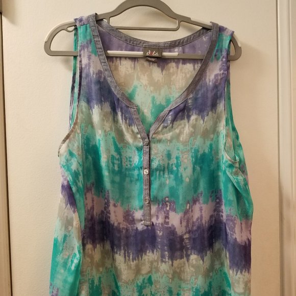 Denim binding mesh tank top with button front detail - Picture 1 of 8